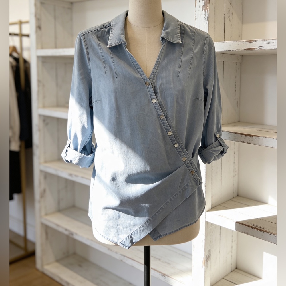 Soft Surroundings Light Blue Wrap Button-Front Shirt